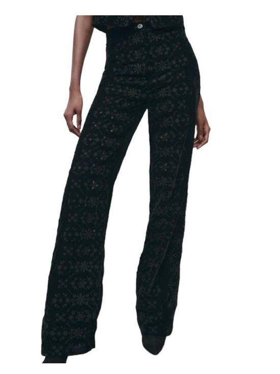 Zara Pants - Zara Alina Black Velvet Embroidered Eyelet Wide Leg Contemporary Pant Trousers M